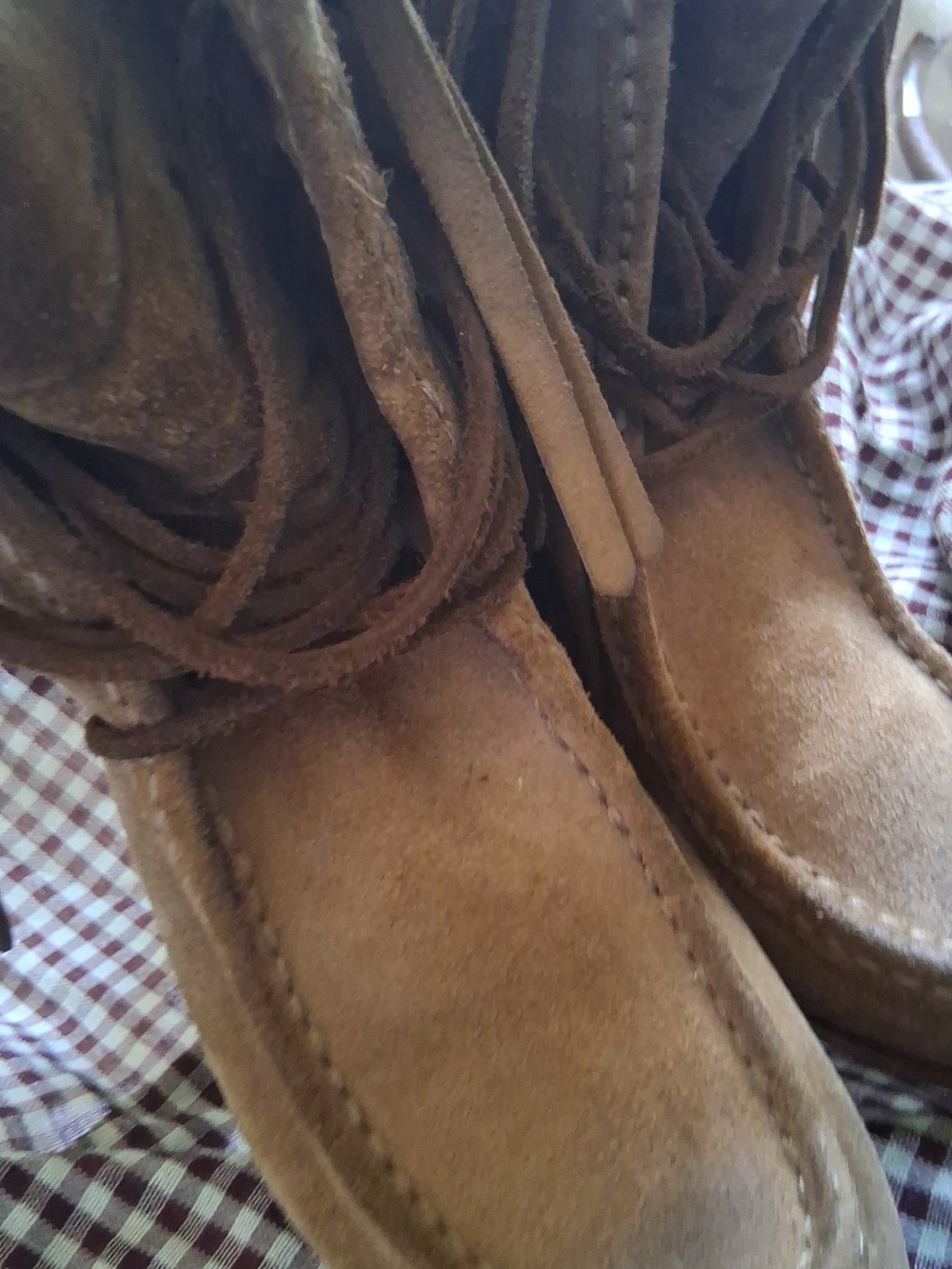 Frye Chestnut Suede Fringe Moccasin Boots